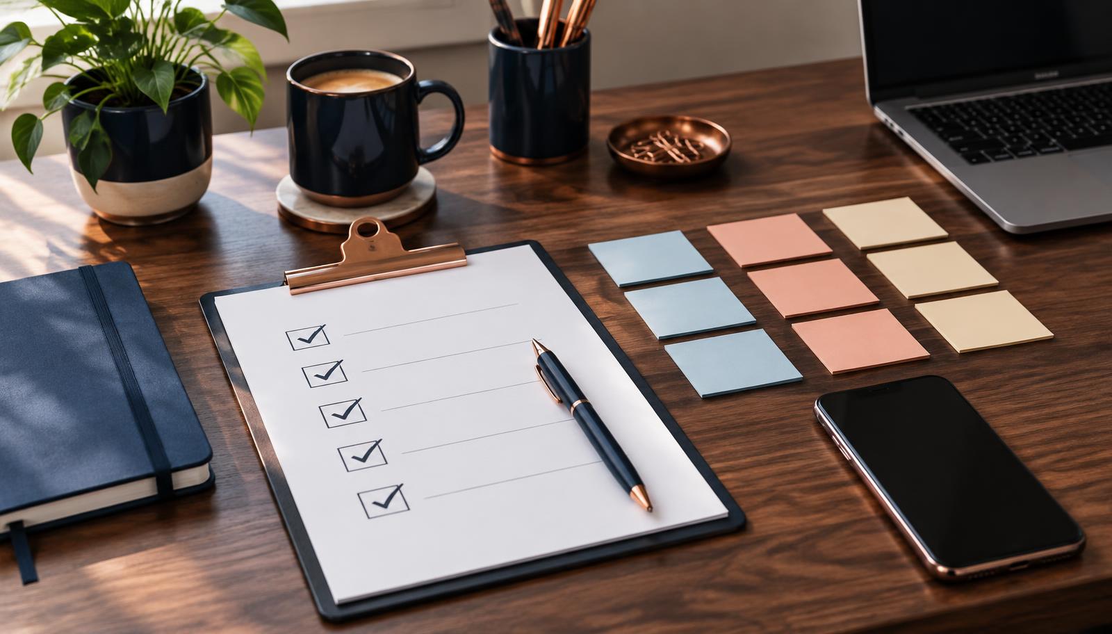 A clipboard checklist with every box ticked, sticky notes in columns and a phone on a wooden desk