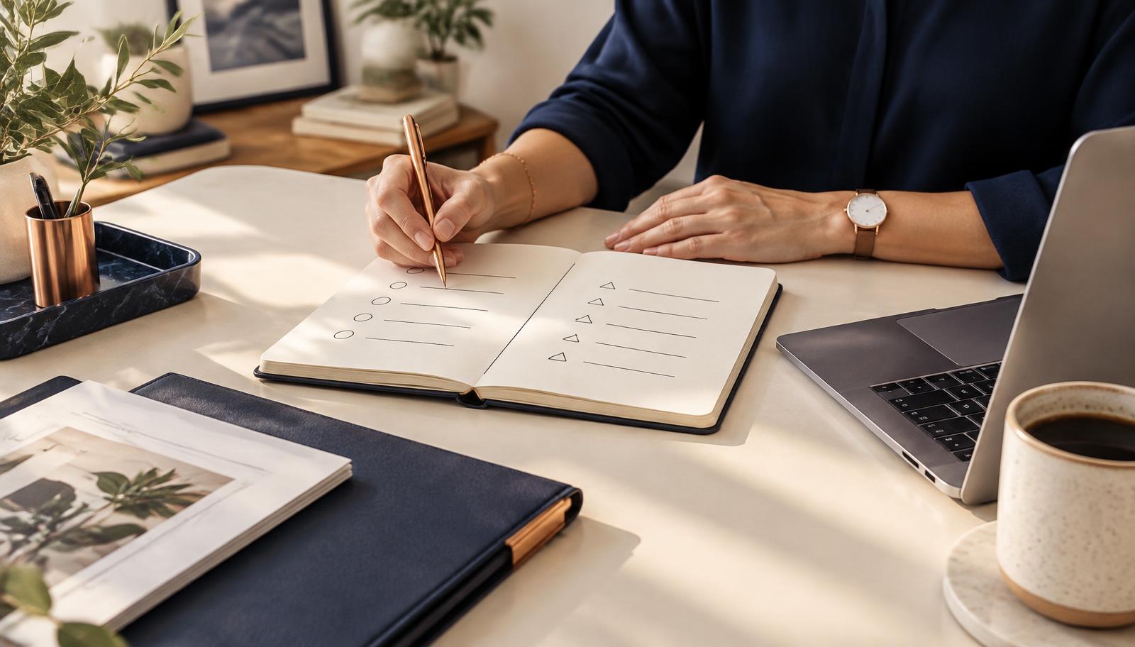 A business owner's hands writing a two-column comparison in a notebook beside a laptop